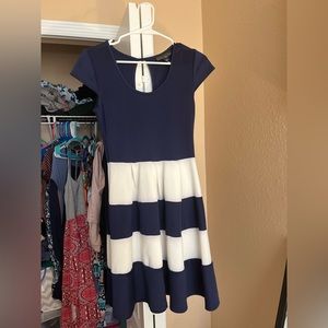 Blue and white striped formal dress